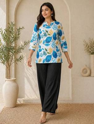  women white blue leaf printed cotton kurti with black palazzo set 1