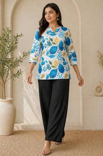 New latest women white blue leaf printed cotton kurti with black palazzo set