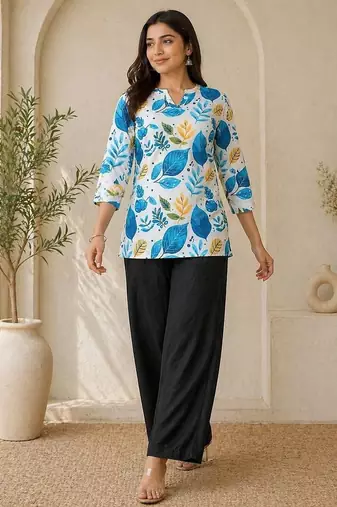 New latest women white blue leaf printed cotton kurti with black palazzo set