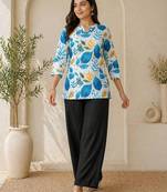 New latest women white blue leaf printed cotton kurti with black palazzo set