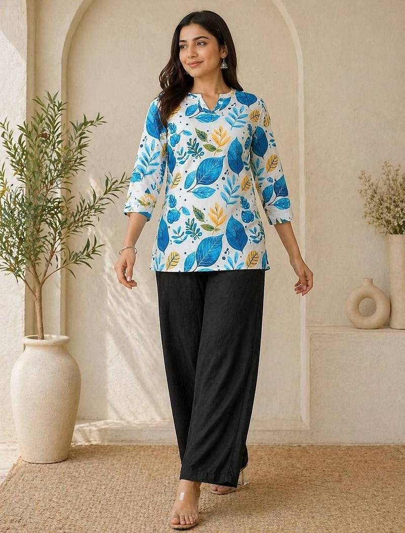 New latest women white blue leaf printed cotton kurti with black palazzo set