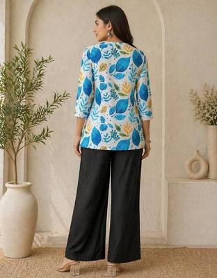  women white blue leaf printed cotton kurti with black palazzo set 3