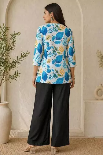 New latest women white blue leaf printed cotton kurti with black palazzo set