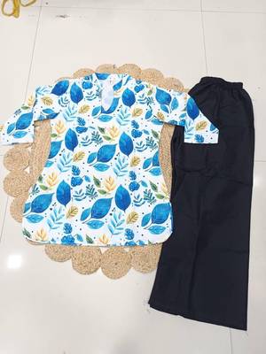  women white blue leaf printed cotton kurti with black palazzo set 4