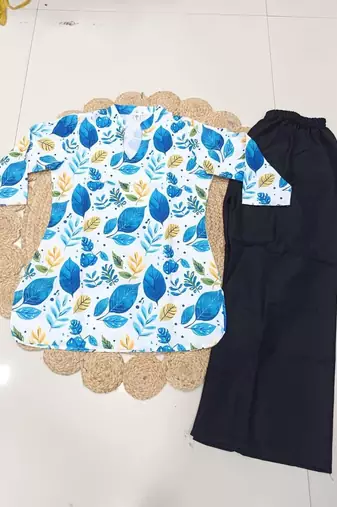 New latest women white blue leaf printed cotton kurti with black palazzo set