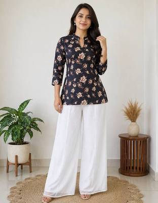 Women black beige floral printed cotton kurti with white wide-leg palazzo set 2