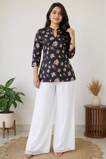Women black beige floral printed cotton kurti with white wide-leg palazzo set