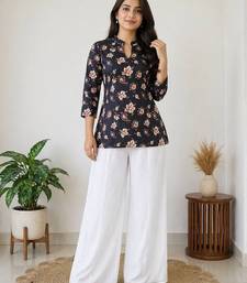 Women black  beige floral printed cotton kurti with white wide-leg palazzo set
