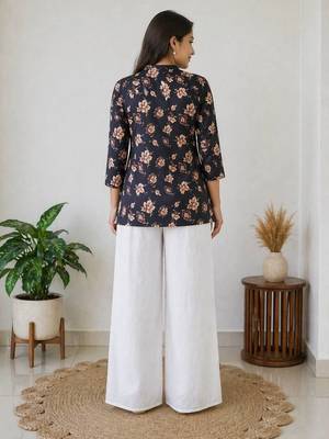 Women black beige floral printed cotton kurti with white wide-leg palazzo set 3