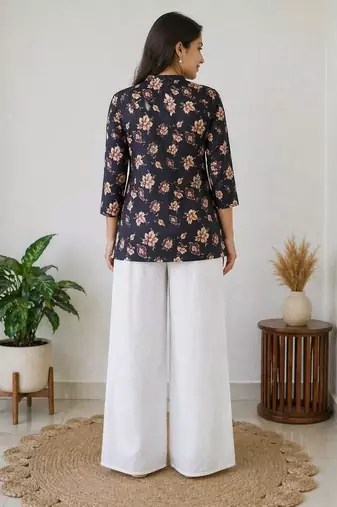 Women black beige floral printed cotton kurti with white wide-leg palazzo set