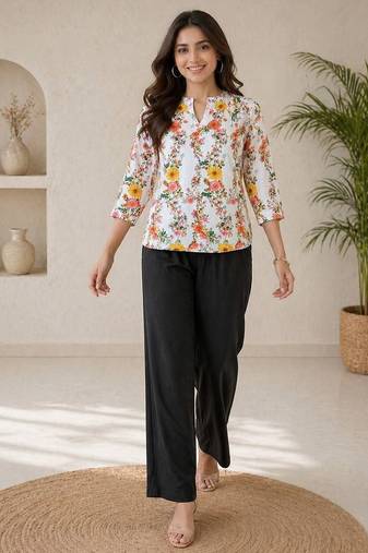 Women white & yellow floral printed cotton kurti with black palazzo set