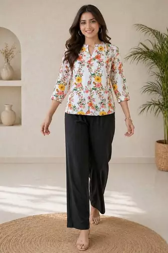 Women white & yellow floral printed cotton kurti with black palazzo set