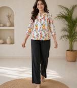 Women white & yellow floral printed cotton kurti with black palazzo set