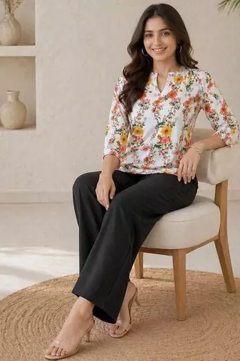 Women white & yellow floral printed cotton kurti with black palazzo set