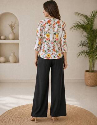 Women white & yellow floral printed cotton kurti with black palazzo set 3