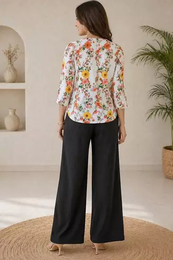 Women white & yellow floral printed cotton kurti with black palazzo set