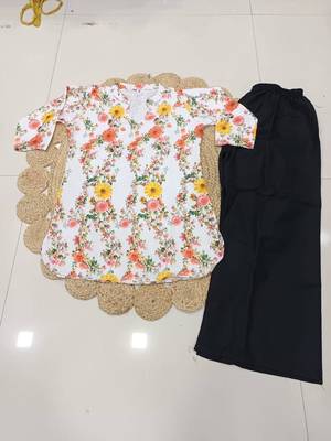 Women white & yellow floral printed cotton kurti with black palazzo set 4