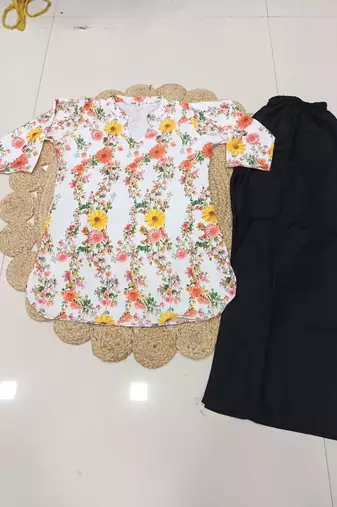 Women white & yellow floral printed cotton kurti with black palazzo set