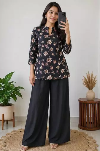 Women black & beige floral printed cotton kurti with black wide-leg palazzo set