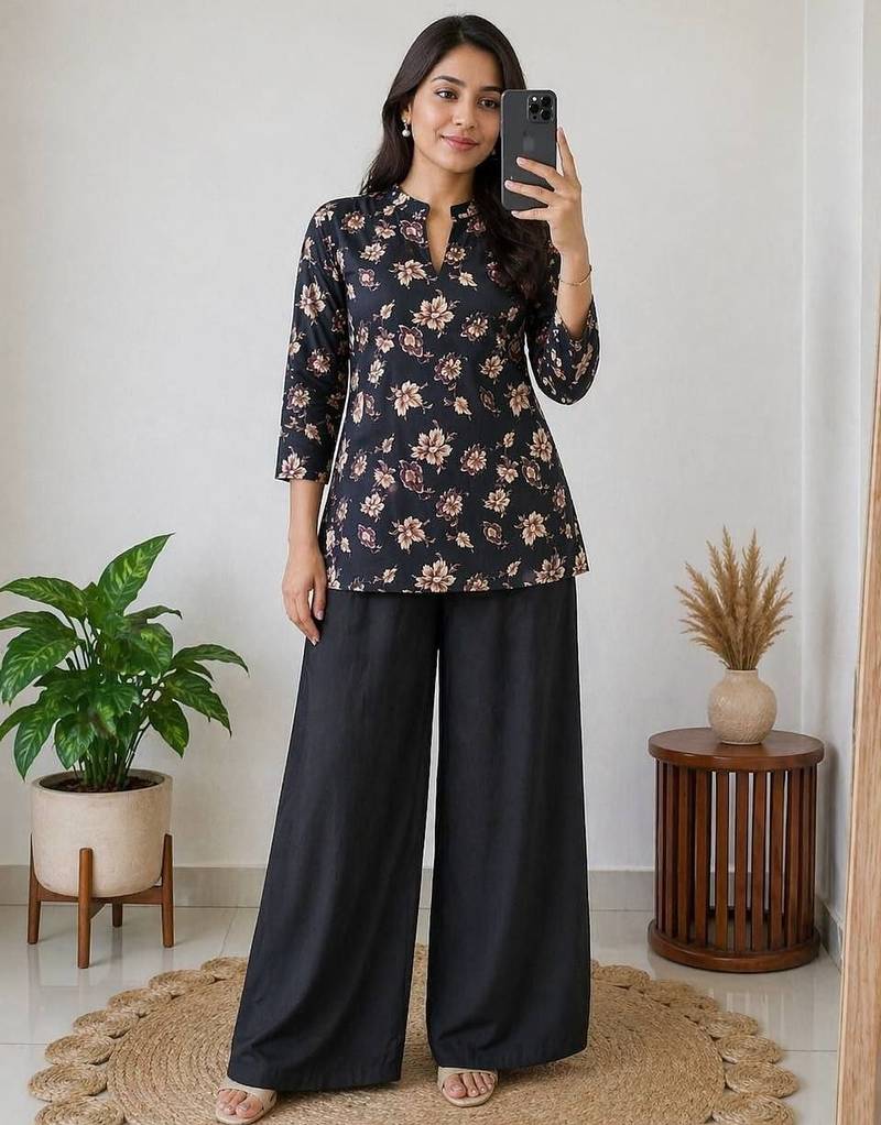 Women black & beige floral printed cotton kurti with black wide-leg palazzo set