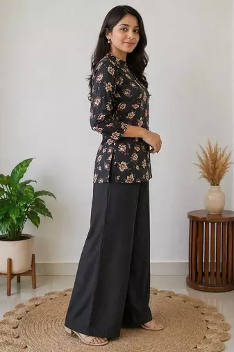 Women black & beige floral printed cotton kurti with black wide-leg palazzo set