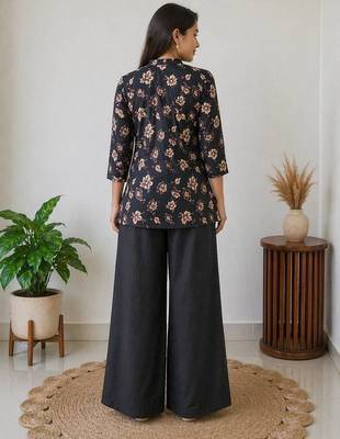 Women black & beige floral printed cotton kurti with black wide-leg palazzo set 3