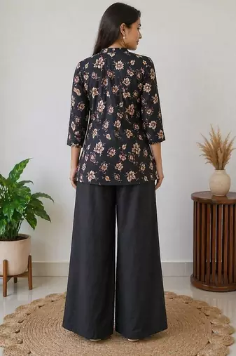 Women black & beige floral printed cotton kurti with black wide-leg palazzo set