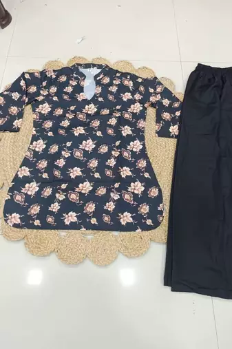 Women black & beige floral printed cotton kurti with black wide-leg palazzo set