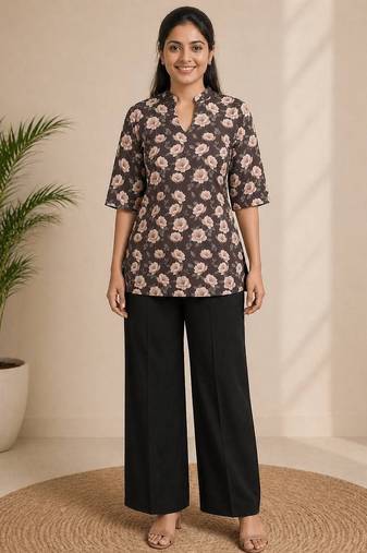 Women coffee brown & peach floral printed cotton kurti with black wide-leg palazzo set