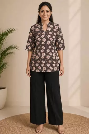 Women coffee brown & peach floral printed cotton kurti with black wide-leg palazzo set