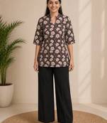 Women coffee brown & peach floral printed cotton kurti with black wide-leg palazzo set