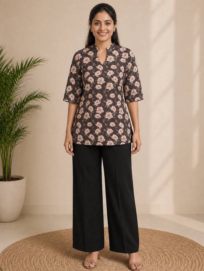 Women coffee brown & peach floral printed cotton kurti with black wide-leg palazzo set