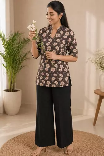 Women coffee brown & peach floral printed cotton kurti with black wide-leg palazzo set