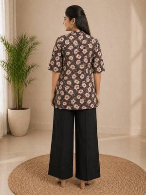 Women coffee brown & peach floral printed cotton kurti with black wide-leg palazzo set 3