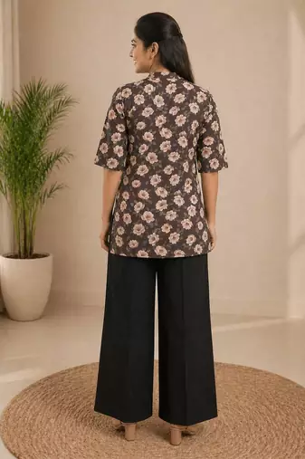 Women coffee brown & peach floral printed cotton kurti with black wide-leg palazzo set