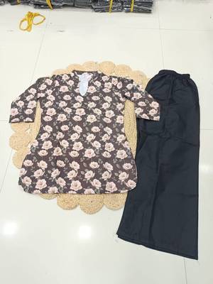 Women coffee brown & peach floral printed cotton kurti with black wide-leg palazzo set 4