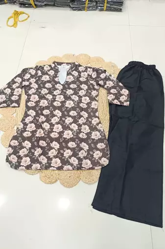 Women coffee brown & peach floral printed cotton kurti with black wide-leg palazzo set