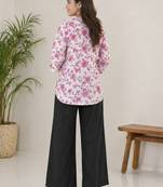 Women white & mauve lotus floral printed cotton kurti with black palazzo set