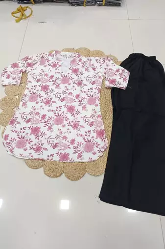 Women white & mauve lotus floral printed cotton kurti with black palazzo set