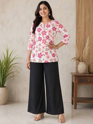 Women white & rani pink bold floral printed cotton kurti with black wide-leg palazzo set 1