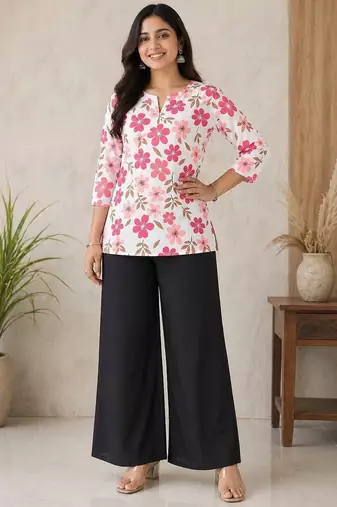 Women white & rani pink bold floral printed cotton kurti with black wide-leg palazzo set