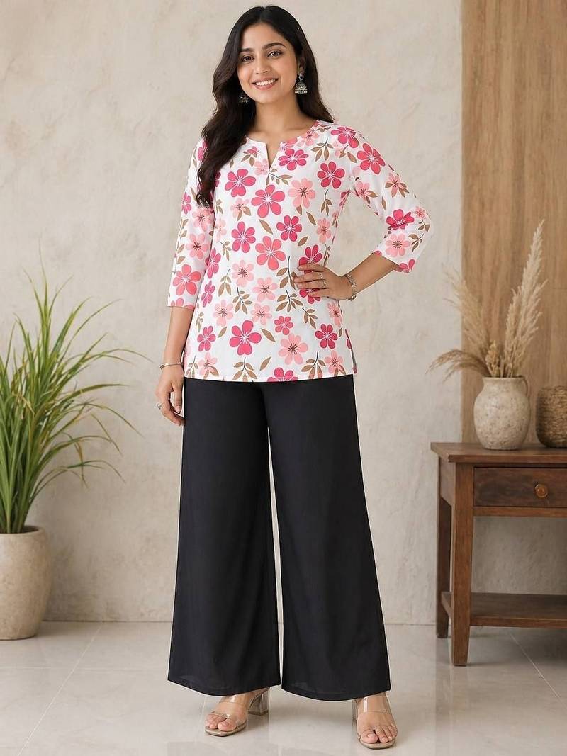 Women white & rani pink bold floral printed cotton kurti with black wide-leg palazzo set
