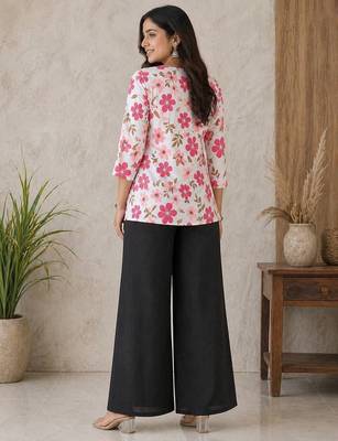 Women white & rani pink bold floral printed cotton kurti with black wide-leg palazzo set 2