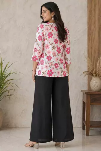 Women white & rani pink bold floral printed cotton kurti with black wide-leg palazzo set