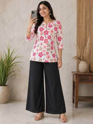 Women white & rani pink bold floral printed cotton kurti with black wide-leg palazzo set 3