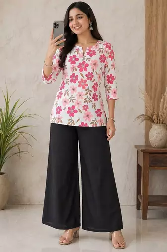 Women white & rani pink bold floral printed cotton kurti with black wide-leg palazzo set