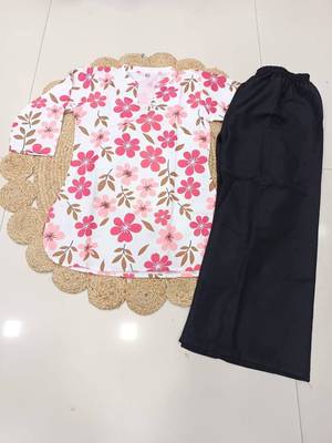 Women white & rani pink bold floral printed cotton kurti with black wide-leg palazzo set 4