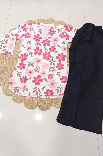 Women white & rani pink bold floral printed cotton kurti with black wide-leg palazzo set