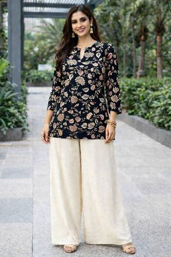 Womens new trendy black floral printed short kurti with beige palazzo set