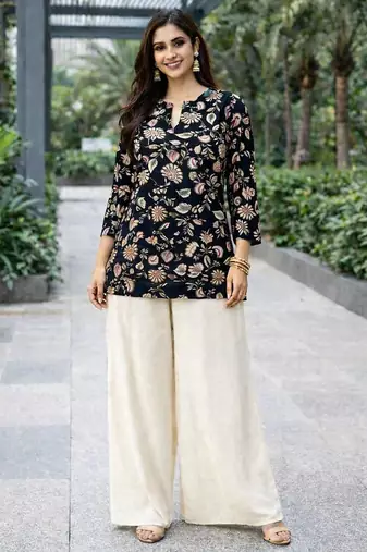 Womens new trendy black floral printed short kurti with beige palazzo set
